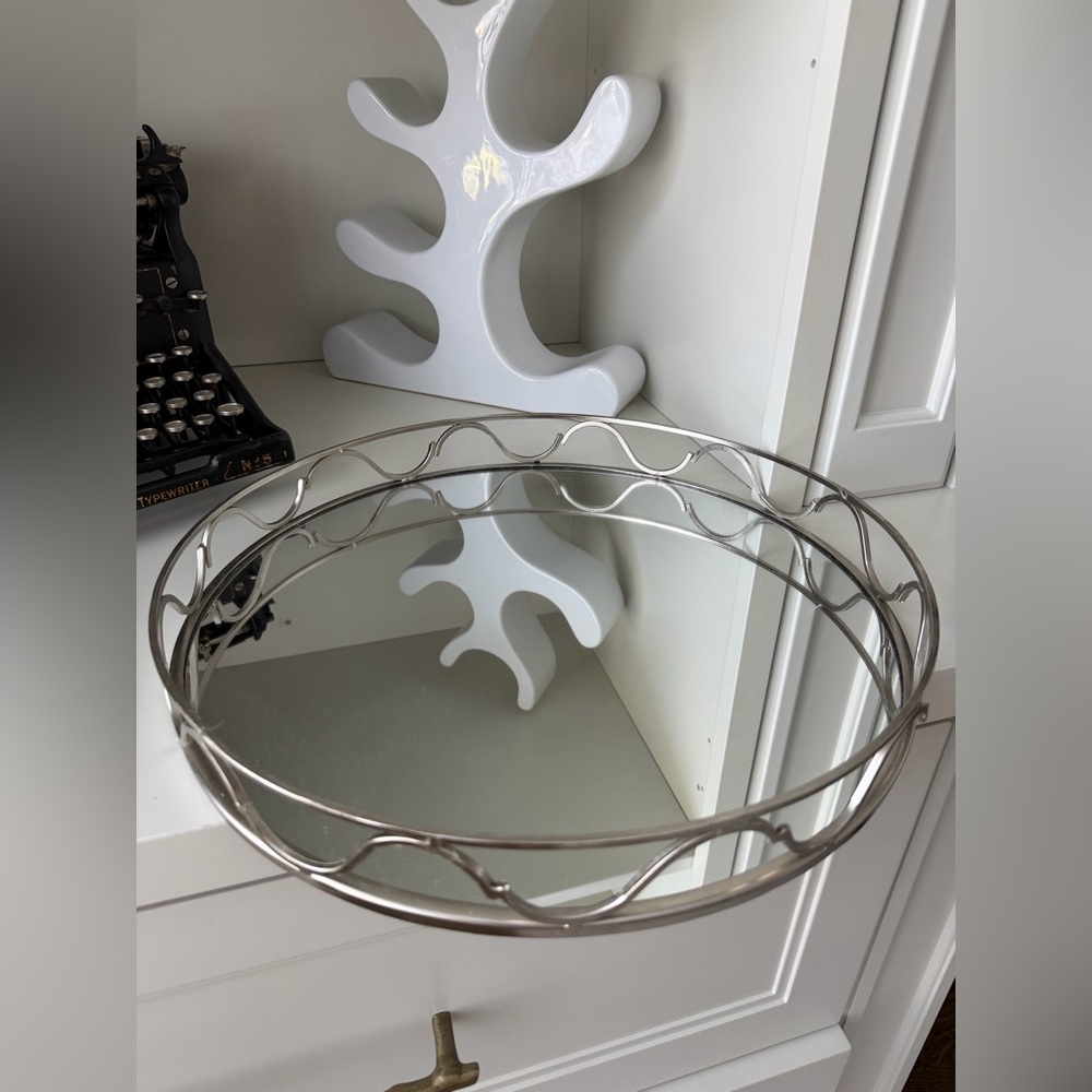 Decorative Round Large Silver Metal Framed Mirrored Tray Home Decor